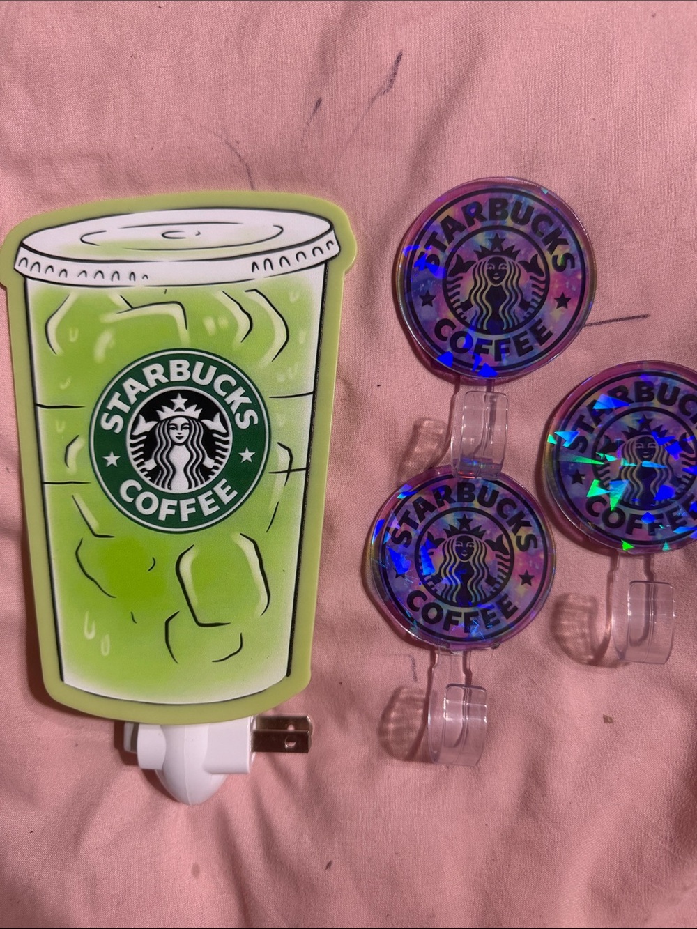 Starbucks Lime Green Iced Cup Night Light with matching Holographic wall hooks.
